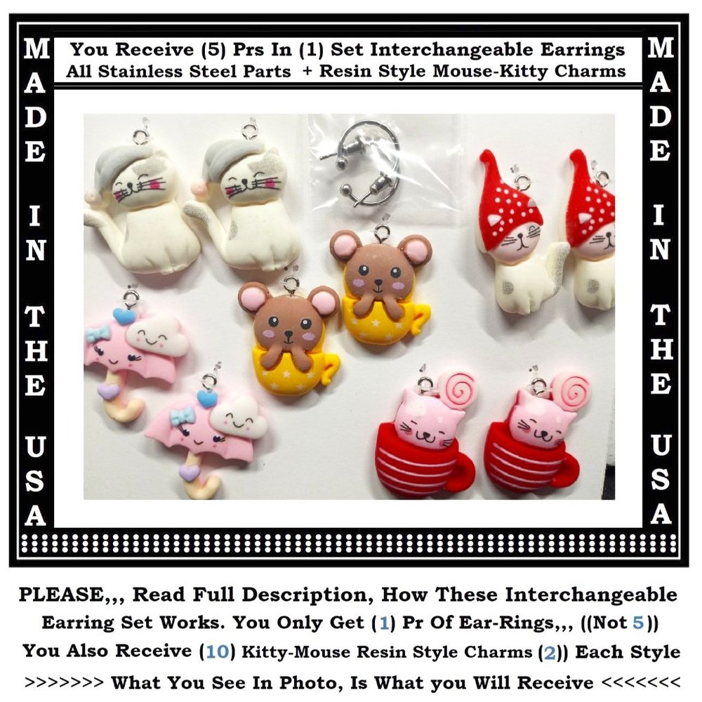 5/$20 Kitty Cat Mouse Interchangeable Charm Earrings-5 Pairs in Set